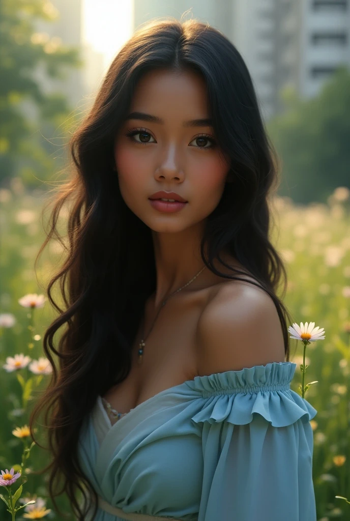 woman, blue eyes, long black hair, in a garden full of yellow chicks, very big flowers around, studio light, natural colour, natural skin, 8k, high resolution, high detailed, perfect hands, perfect face, looking_at_viewer, relaxed pose, mona lisa smile, long beautiful monochrome blue dress, perfect face, perfect body, perfect, body proportions, model pose