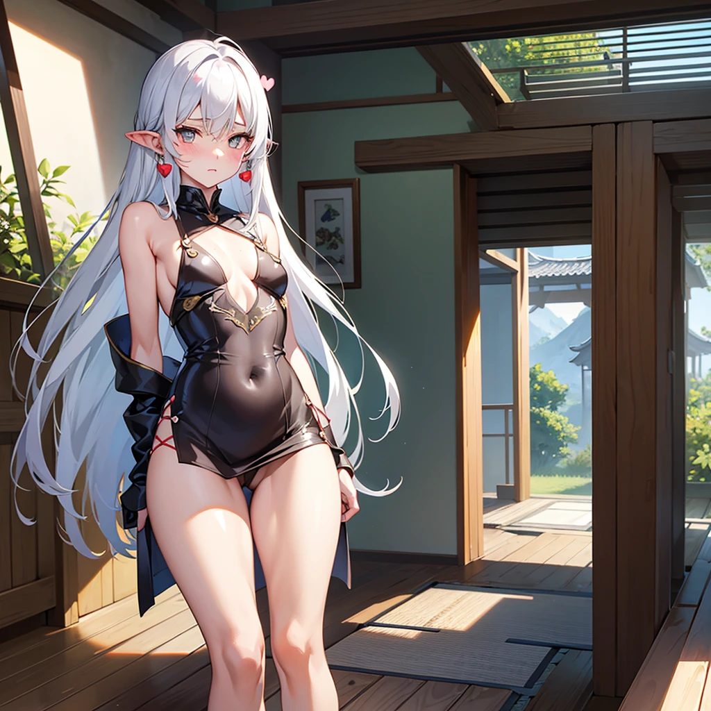 {{{ flat chest, small boobs ,Tall,  sunburn marks,show her crotch,pants, Miniskirt ,split}}}One Woman,  blushes, solo, Silver Hair,  very long hair,  golden eyes, Best Quality,  High Resolution , masterpiece, accurate,  high detail,  very detailed,  textured skin,  heart shaped earrings, Long pointed ears, anime,  Japanese illustration style,  Unreal Engine, 