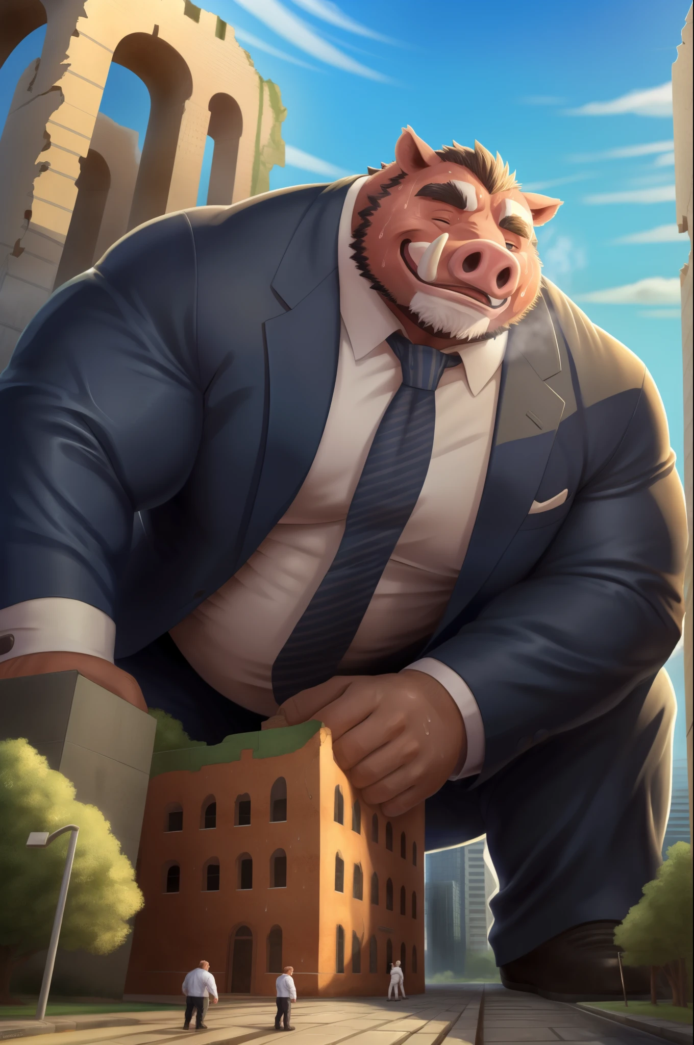 author: bontiage, (1 boy), one, wild boar, tusks , bart,  pig nose ,  overweight male , Fettleibig,  big bump in crotch , Stand, (sweat:1.6), Business suit, kemono, hot body, Muscle,  beautiful, sexual, Attractive guy, ( detailed black eyes), Brew, (masterpiece, A high resolution,  Best quality), 4K, bad,  beautiful shadow, Boar(massiv:3.0,großer Muscle:1.1(Heavyweight ,stark,Macro, accentuate the huge size,  step on the ruins )),background(( the collapsing building , raise small spoke ,the little sparks, the crack in the street )), soffit
