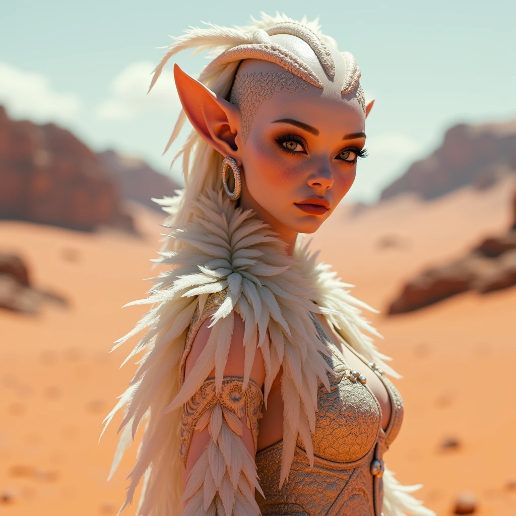 adult woman, anatomically perfect body, few desert tribal clothes, light gray skin, small white scales reptile arms legs and shoulders, harmoniously combined with the body, dragon style horn crown, white long hair, orange eyes, elf ears, mega realistic, desert landscape, ssmile.