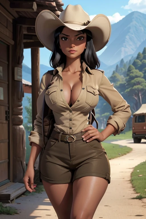 (masterpiece), best quality, expressive eyes, perfect face, Nico Robin in Jungle ruins, (Deep Jungle Ruins background), (standing), (smirk), (closeup view), (1girl, Nico Robin face, dark skin, tanned skin, tan, black hair, bangs hairstyle, brown eyes, hourglass figure, thick body, curvy body, large breasts, huge breasts, oppai, large cleavage, wide hips, big butt, large butt, thick thighs, (tight fit clothes, beige button shirt, rolled-up sleeves, croptop, exposed cleavage, brown leather shorts, cowboy boots, brown cowboy hat, tribal jewelry, tribal armlets, tribal earings, tribal necklace, tribal bracelets, hip belt, thigh satchel), 
