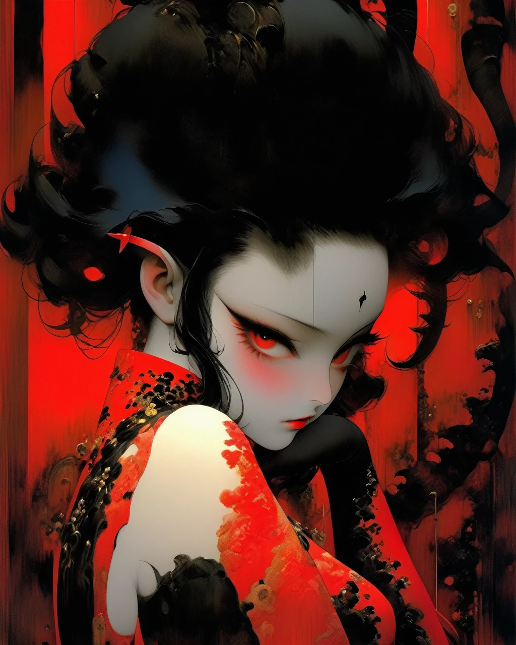   1 Devil Girl , Gradient color
(  mechanical arm in black hair with zipper  ),
 Long neck red leather stockings with geishas 
(art by Yoshitaka Amano    )