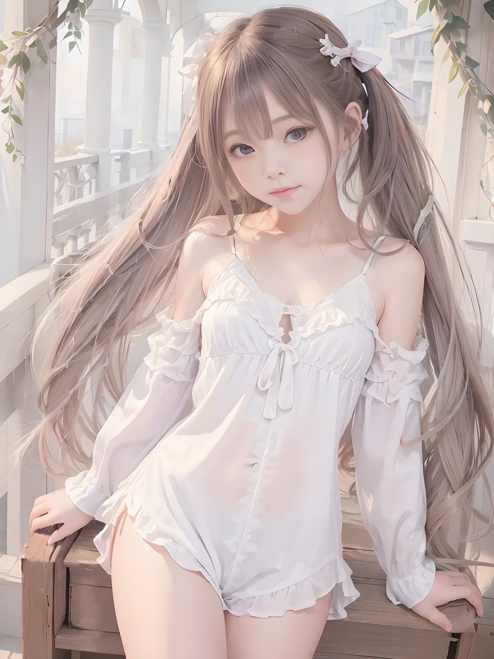 (masterpiece、Best Quality、Best Quality、beautiful, beautiful:1.2)、 simple background、From afar、（Watercolor 1.5）、 curly hair、 half up twin tail、 Hair Ribbon、 1 girl、smile、( fractal art :1.3)、Blonde、Silk camisole、