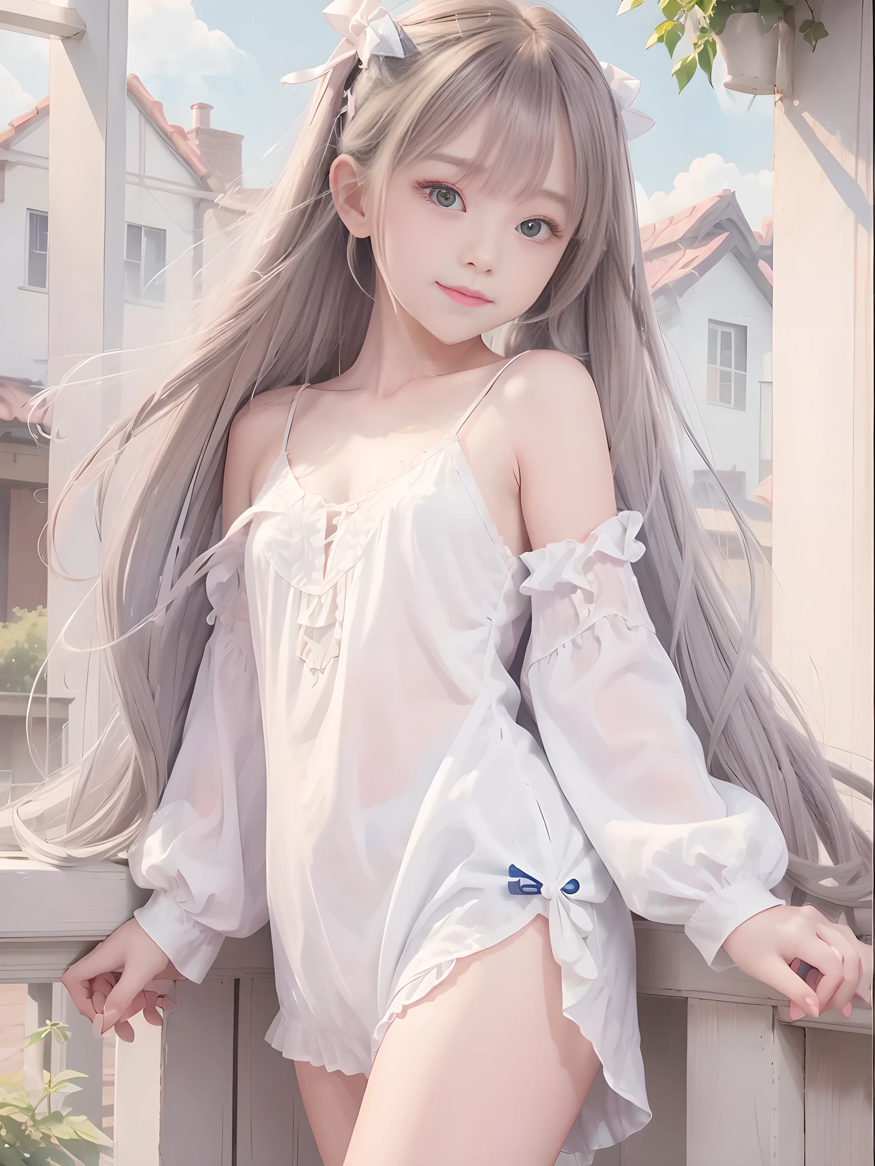 (masterpiece、Best Quality、Best Quality、beautiful, beautiful:1.2)、 simple background、From afar、（Watercolor 1.5）、 curly hair、 half up twin tail、 Hair Ribbon、 1 girl、smile、( fractal art :1.3)、Blonde、Silk camisole、