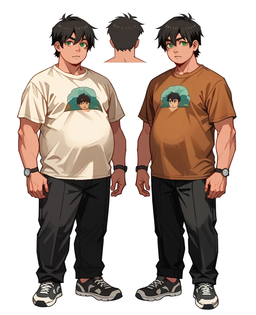  KelvinHiu ART Style ,human Male , Adult  , Brown body , oc ,Simple background,character sheet , concept art , Black hair Style ,FAT body  , wearing  shirt , Black Pants  , Green pupils ,