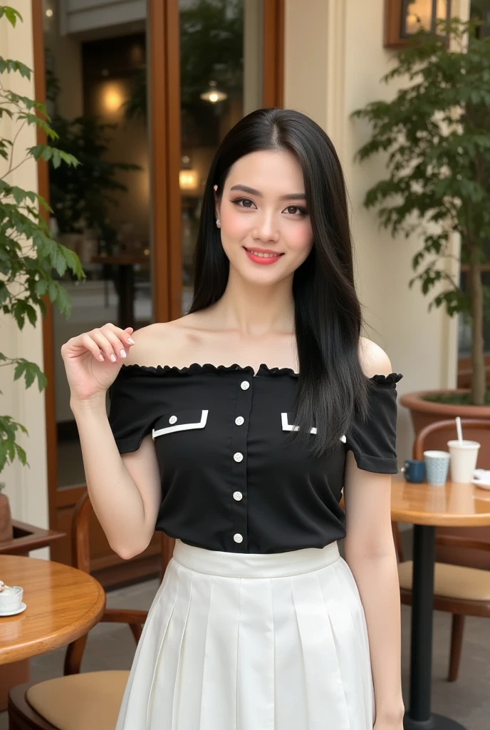 photography, model shoot, cowboy shot of a woman wearing a black off shoulder shirt and white skirt standing outside a cafe, she is posing, she has pretty lipstick, she is smiling, bright color, day light