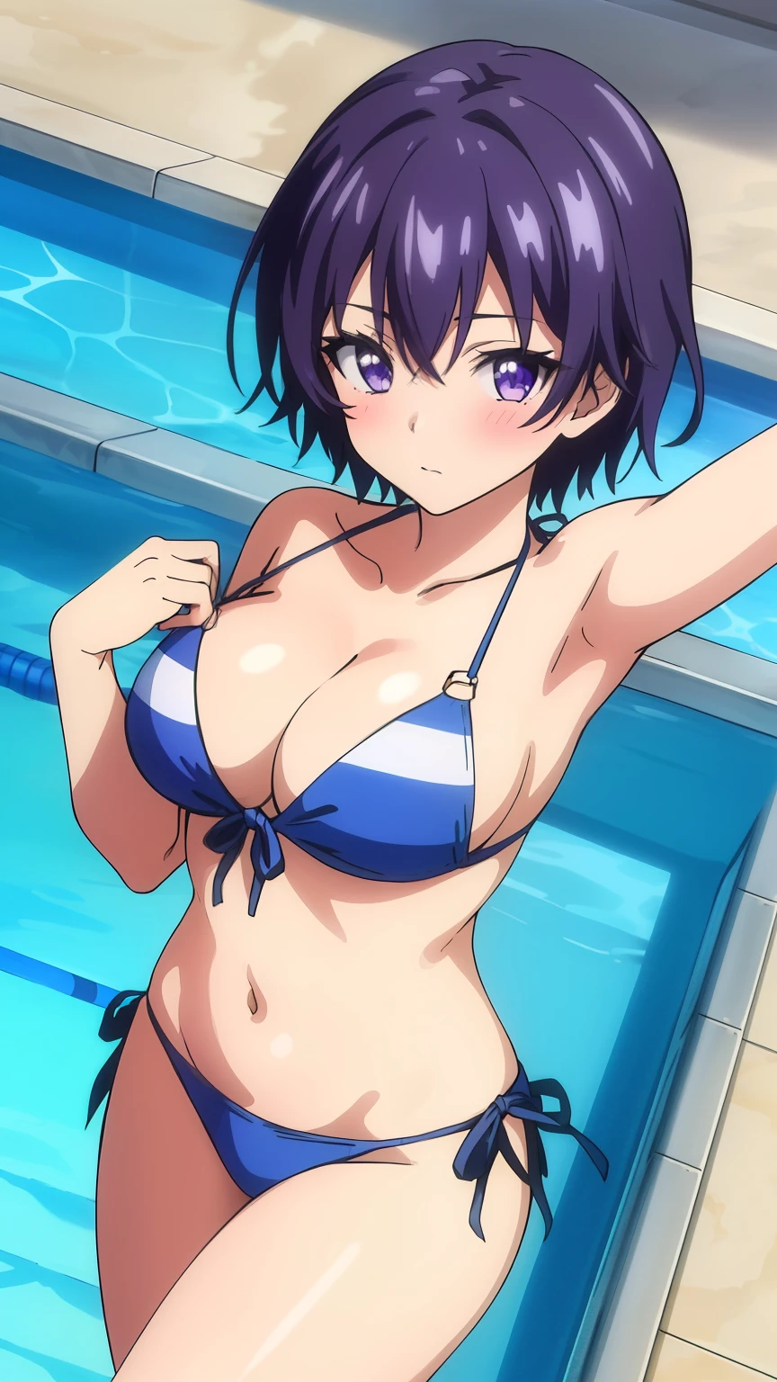 (masterpiece, best quality, high resolution, 8k:1.2), (anime coloring), highly detailed face, symmetrical eyes, detailed CG, purple hair, purple eyes, short hair, large medium breasts, (swimsuit, bikini, pool, blush), dynamic pose, dutch angle, looking at the viewer, in the center of the image, (cowboy shot),
