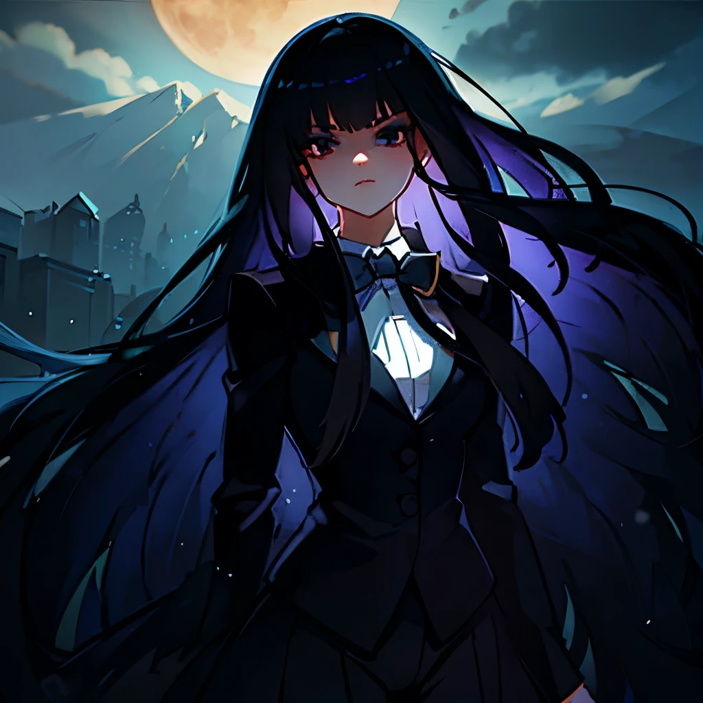 a beautiful girl with gorgeous long black hair and black eyes, wearing a winter school uniform with a brown blazer and ribbon, staring at the viewer with a stern expression on a moonlit night, highly detailed, hyper realistic, 8k, photorealistic, masterpiece, intricate details, cinematic lighting, dramatic atmosphere, intense gaze, flowing hair, full eyelashes, flawless skin, dark eyebrows partially hidden, confident pose, beautiful curves, realistic textures, dramatic lighting, moody blue and purple tones, dramatic shadows, volumetric lighting