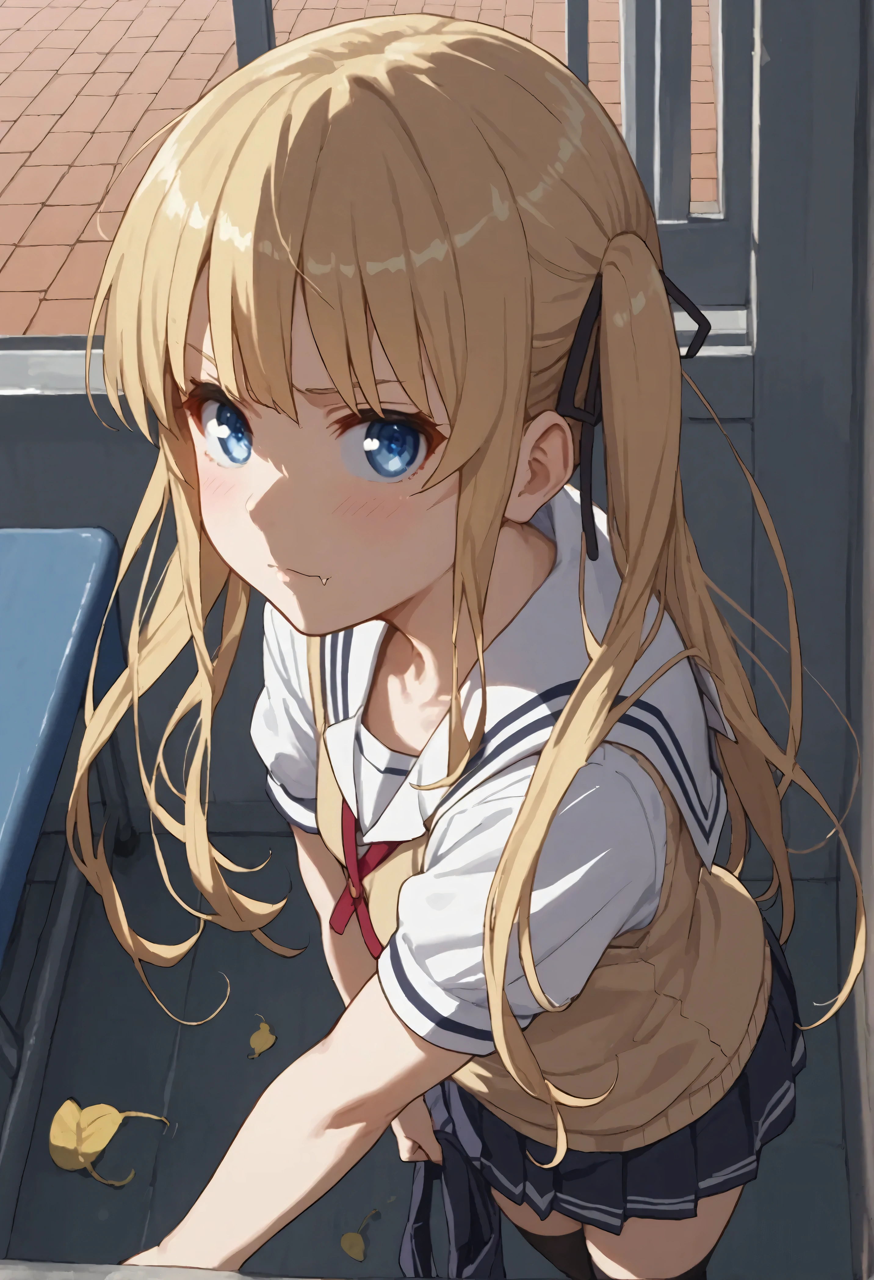 (score_9, score_8_up,score_7_up,source_anime,anime),solo focus,1girl,Eriri,blonde hair,blue eyes,sawamura spencer eriri,long hair,fang,small breasts,
shy,twintails,black ribbon,school uniform,sweater vest,serafuku,black thighhighs,pleated skirt,short sleeves,sailor collar,
skirt tug,(wind lift),knees together,school,rooftop,looking at viewer,from above,