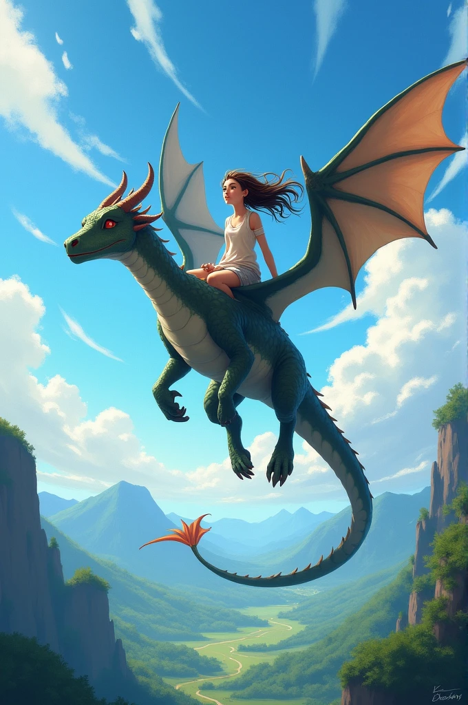 (masterpiece),(best quality:1.0), (Ultra-high resolution,), detailed,A princess in a dress，A giant dragon，Beside the dragon，Background with sky and white clouds，Princess smiles happily，The dragon is flying in the sky with the princess，Dragon&#39;s head close-up，Anime poster style