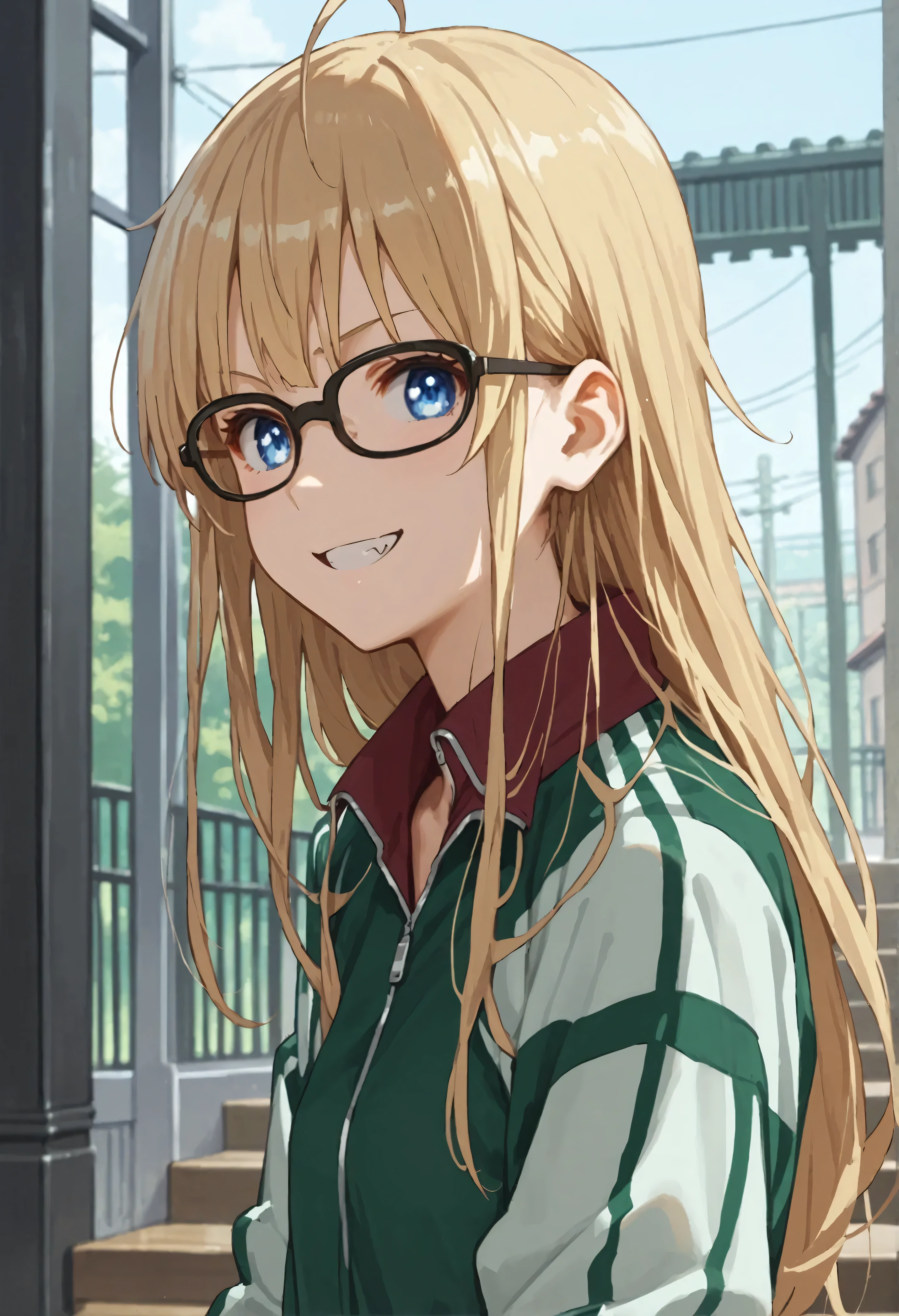 (score_9, score_8_up,score_7_up,source_anime,anime),solo focus,1girl,Eriri blonde hair,blue eyes,sawamura spencer eriri,long hair,fang,small breasts,
,grin ,ahoge,track jacket,track suit,green jacket,track pants,green pants,glasses,looking at viewer