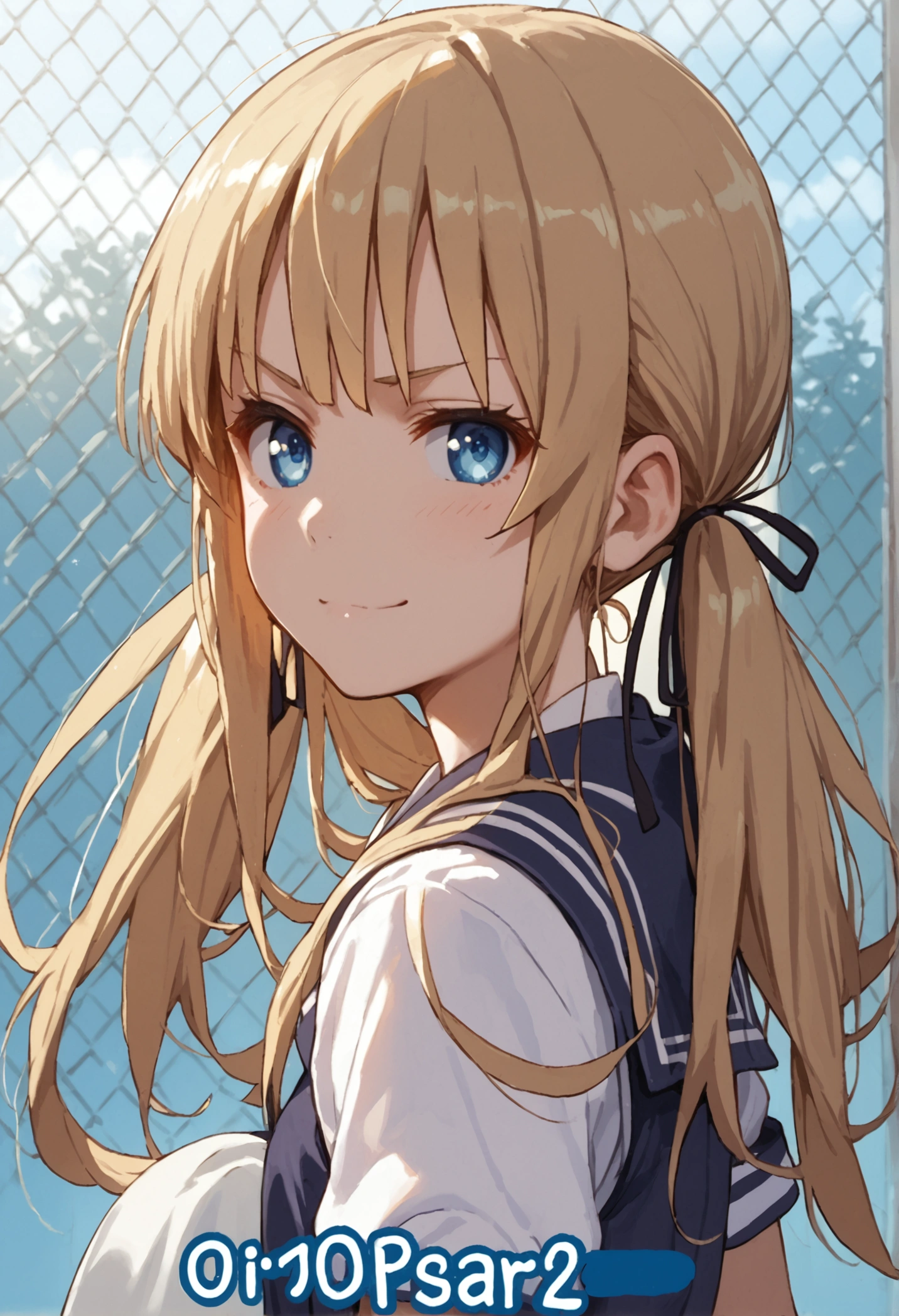 (score_9, score_8_up,score_7_up,source_anime,anime),solo focus,1girl,Eriri blonde hair,blue eyes,sawamura spencer eriri,long hair,small breasts,
,smirk ,twintails,black ribbon,school uniform,sweater vest,serafuku,black thighhighs,pleated skirt,short sleeves,sailor collar,looking at viewer,from behind