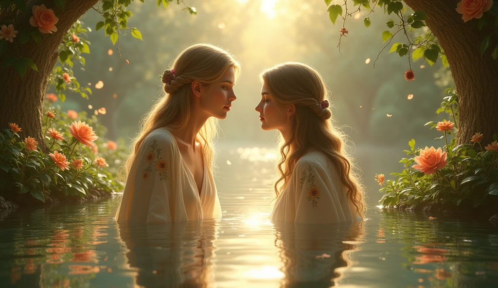 Two young women embracing under a cascading waterfall in a hidden jungle oasis, their lips meeting in a passionate kiss. Sunlight filters through the dense foliage, creating dappled patterns on their entwined bodies. Delicate droplets of water cling to their skin and glisten in the soft light. Their hands explore each other's curves with a sense of newfound desire, as the water's gentle roar masks their intimate whispers. An ethereal atmosphere of discovery and connection pervades the scene, captured in an impressionistic painting style, using watercolors and subtle textures to evoke emotion.