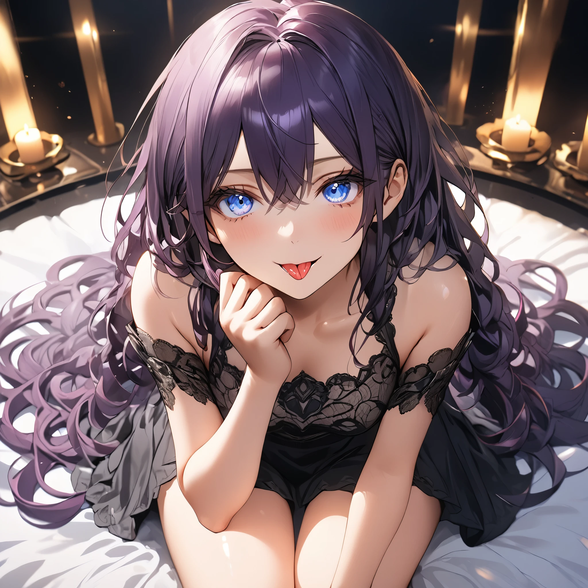 Masterpiece, 4k, HDR, full HD, (best quality), (ultra detailed), (only), intricate ANIME TYPE, best quality, 1girl, very expressive eyes, deep purple hair , hyper beautiful face, purple hair, perfect anatomy, shiny skin, full body, alone (shiny purple hair, long hair), looking at viewer, bright blue eyes, perfect hands, perfect legs, super detailed clothes, intricate clothes, with her tongue teasingly sticking out and her eyes wide with mischievous energy. 