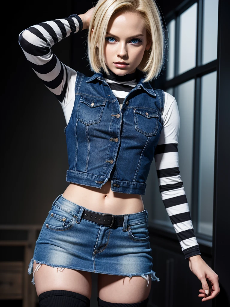 Android 18 is a character from the "Dragon Ball" universe, created by Dr. Gero as an advanced android. She has a human appearance, with short blonde hair and blue eyes, usually wearing a blue denim jacket with black and white striped sleeves, a black t-shirt underneath, a blue denim skirt, black leggings, and brown boots.
