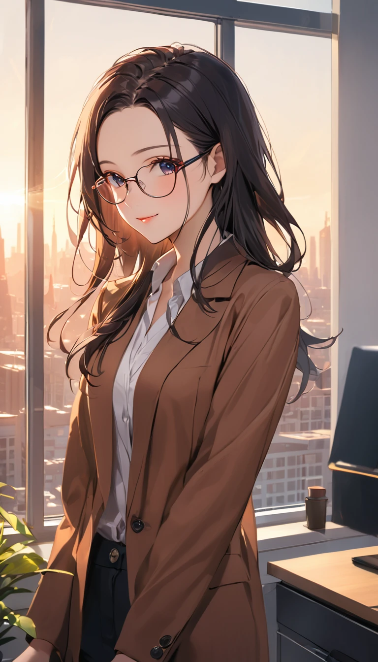 masterpiece, Wearing glasses, Black Hair, forehead, ,woman ,Office ,Morning Light ,Window , Hair Fluttering in the Wind  ,A dignified expression , Soft Smile ,Cityscape ,Morning Calmness  , Impressive Moments 