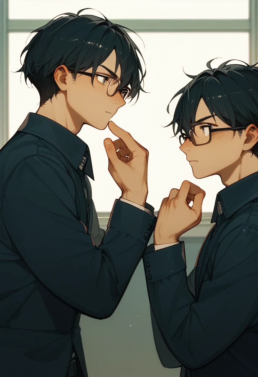  2 15-year-old boys 、The whole body of a high school student、Black Hair、Classroom at Dusk、Love between men、Unrequited love、 long bangs、Remove your glasses