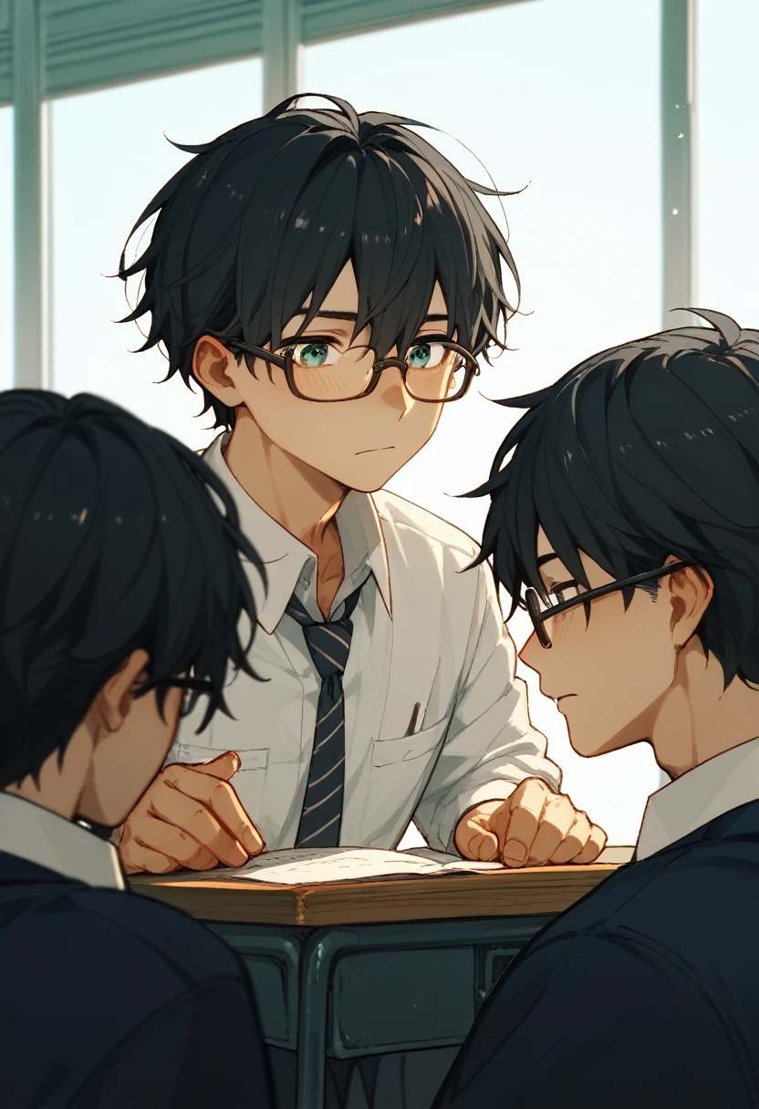  2 15-year-old boys 、The whole body of a high school student、Black Hair、Classroom at Dusk、Love between men、Unrequited love、 long bangs、Remove your glasses