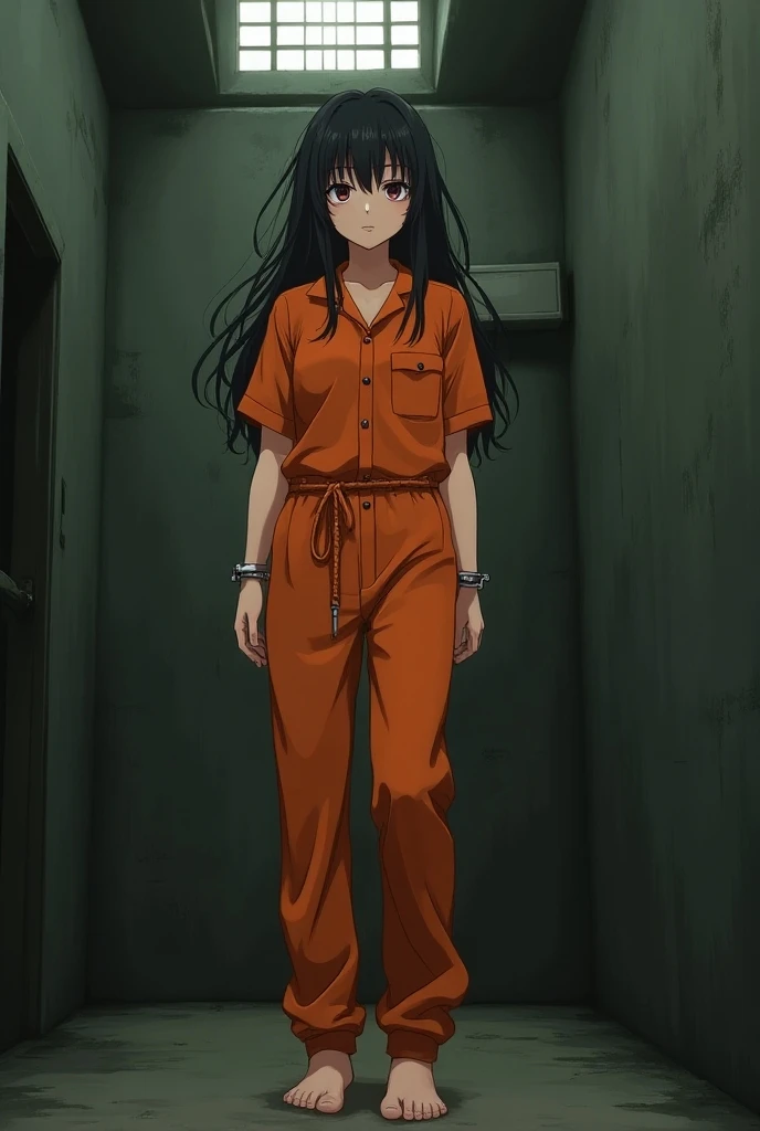 a man, Black long straight hair, dark red eyes, Slender and tall, prisoner, Perfect male body, Looking at the camera, (Orange prison uniform, Hold your arms tight, Smile, cell), portrait, Dramatic shadows, Prisoner, Chained, Cage