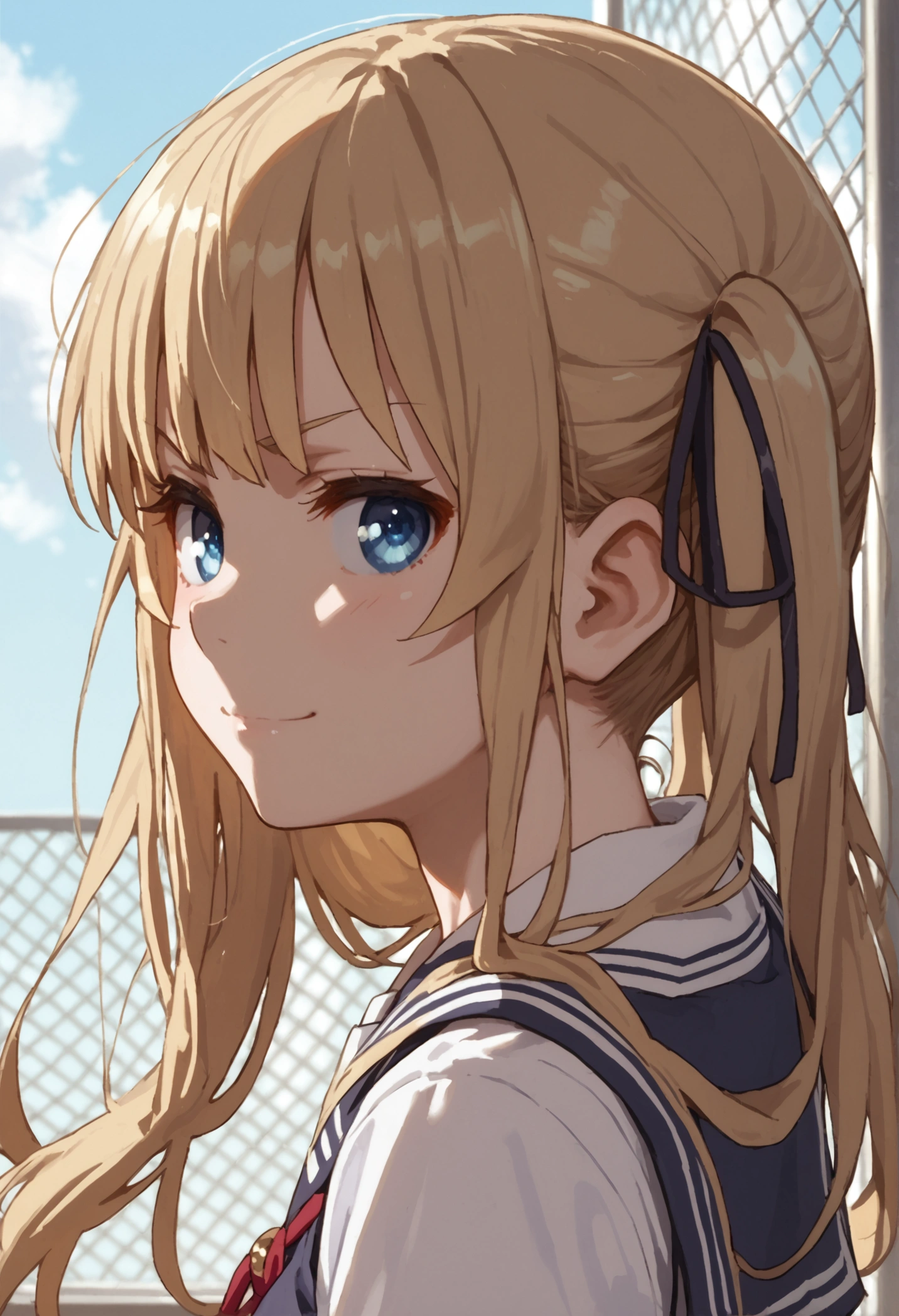 (score_9, score_8_up,score_7_up,source_anime,anime),solo focus,1girl,Eriri blonde hair,blue eyes,sawamura spencer eriri,long hair,small breasts,
,smirk ,twintails,black ribbon,school uniform,sweater vest,serafuku,black thighhighs,pleated skirt,short sleeves,sailor collar,looking at viewer,from behind