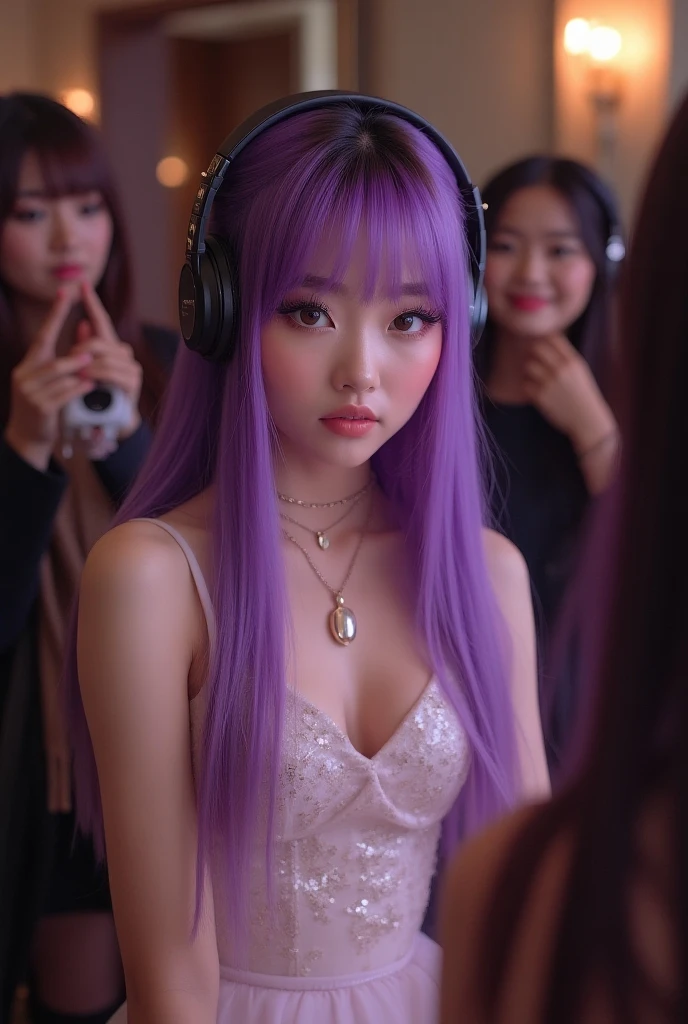 Purple hair with dark pink mesh。The eyes are purple and deep pink from top to bottom.、It's light pink.。There are stars in my eyes。The clothes are deep pink idol costumes.。I have a microphone。The right side of her hair is like a half twin.