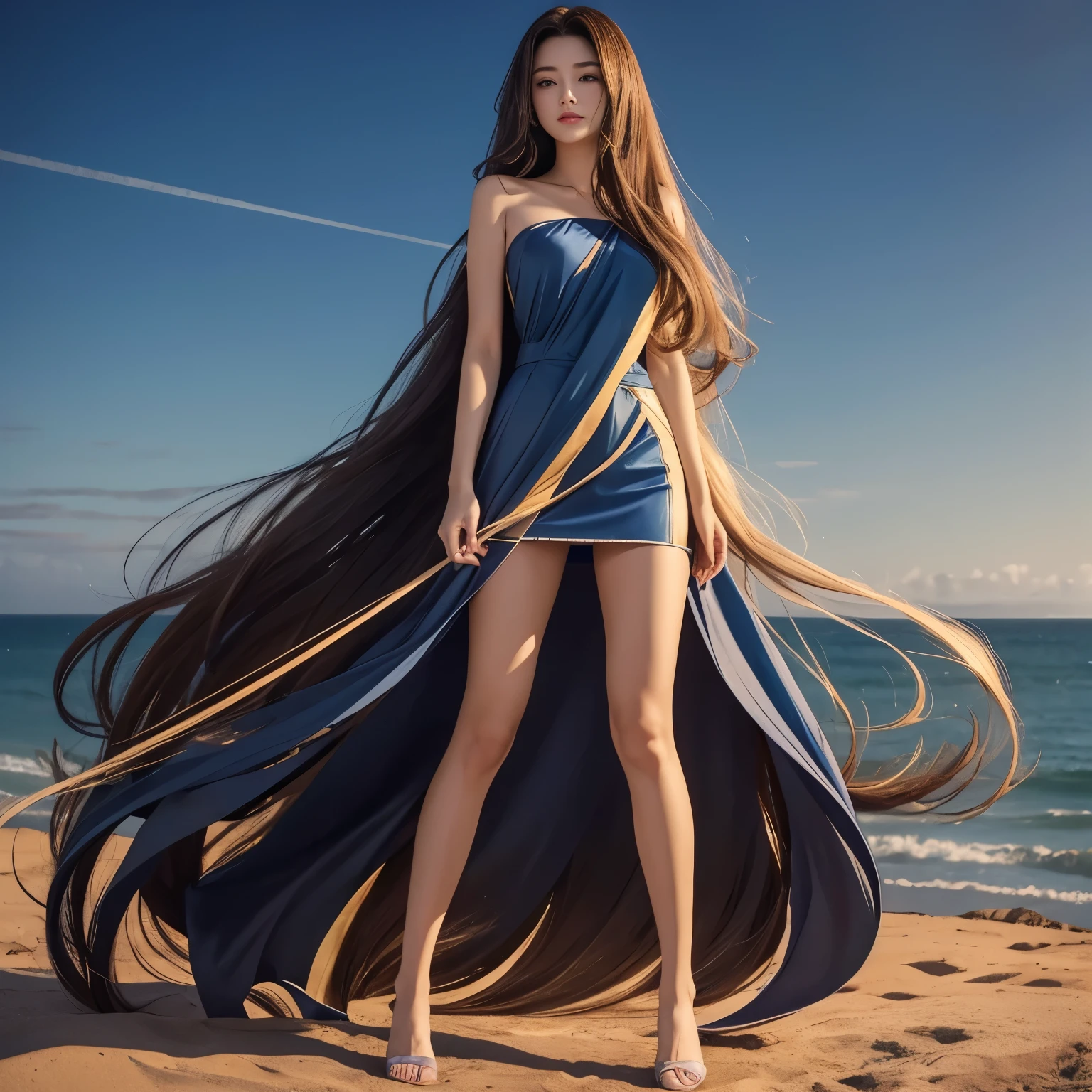 (Highest quality、Best Quality、 highest resolution 、Hyperrealistic photography、Full body images、masterpiece、16k、) A beautiful woman with very long, beautiful hair 。 Her hair is 20 meters long , much longer than her height .。The most beautiful face in the world。 A very beautiful face with well-defined eyes and nose 。The longest hair in the world。 World Long Hair Contest winner 。Slender body。 Her long hair falls to the ground on a large plain 、 A spectacular view that continues to the far end 。 Draw her from head to toe 。 Depicting the tips of her hair flowing along the horizon 。Her long hair that continues to the ground continues far from the ground to the end of the horizon。How long is her hair ! how rich is her hair! how beautiful is her hair !