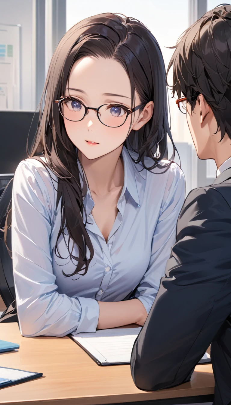 masterpiece, Wearing glasses, Black Hair, forehead, woman ,Office ,First meeting ,junior male ,忙しそうに働くwoman ,desk work ,A dignified expression , feeling a little distance  ,Impressive encounter 
