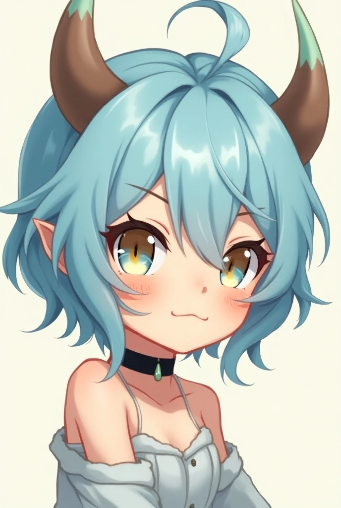 1girl, dragon girl, dragon horns, large breasts, dress, formal, cleavage, sparkling pink eyes, blue hair, simple background, pointy ears, short hair, sidelocks, blunt ends, upper body, (blunt bangs:1.3)