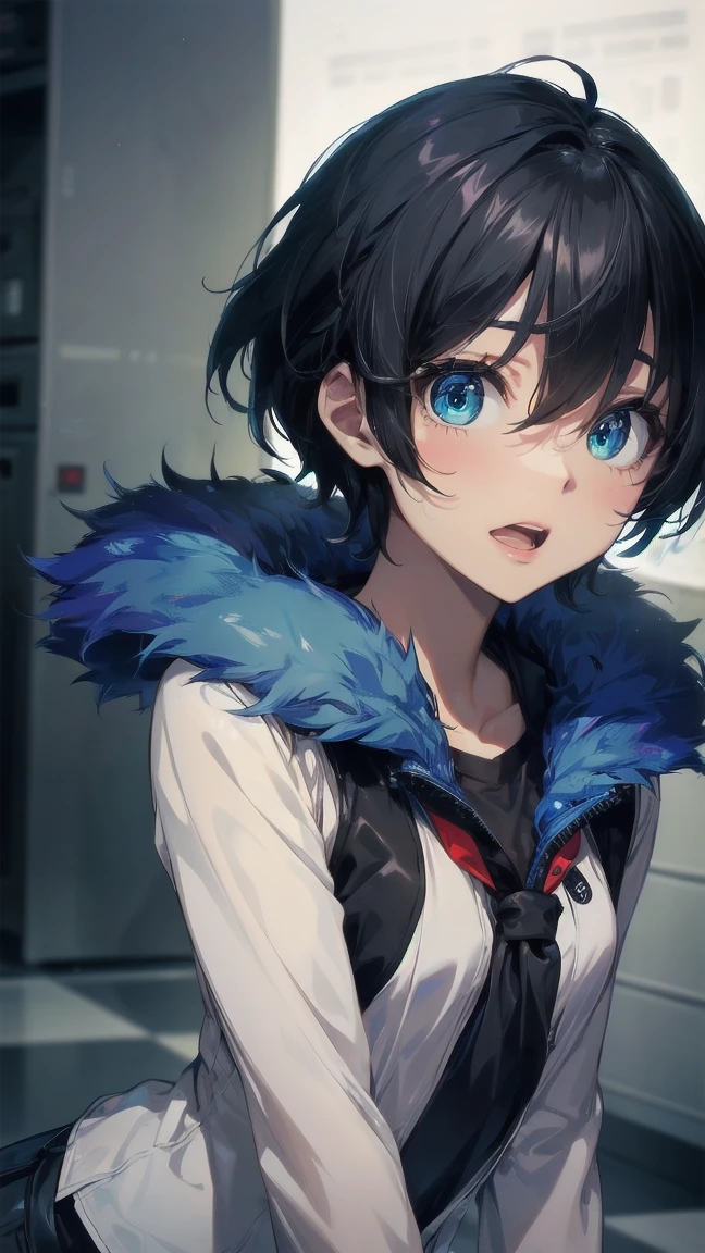 Close-up of a cartoon girl with blue hair and a yellow shirt, 2D Animation, 2D Animation style, 2D Art, 2D Art, 2D from Gorillaz, 2D from Gorillaz, 2D Gorillaz, Screaming Cerket, 2D Sprites, Jinx Face, short hair, hot pants, Small breasts, ((Black Hair, Bright blue fur inside:1.4))