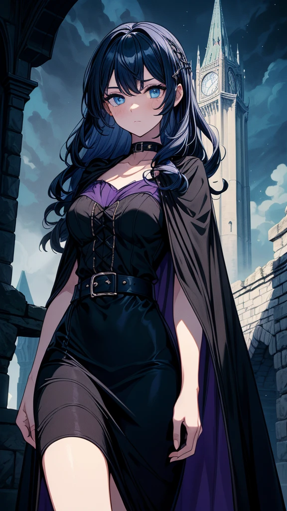 A black haired woman with violet eyes with an hourglass figure with black fox ears and a black fox tail in a Gothic lolita dress is leaning against a tree at the park