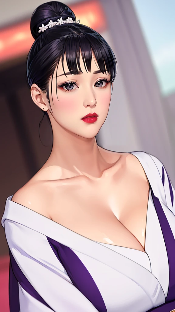 (（（figure，御姐figure,White and tender skin,（（（purple_Kimono,sash, shouji, shrine,japanese_clothes，）））,(（（black hair,Hair bun,lipstick,bangs,Black eyes,））),,((masterpiece)),highres,((Best quality at best)),masterpiece,quality,Best quality,(（（  exquisite facial features , for the audience ,））），Huge breasts，）））