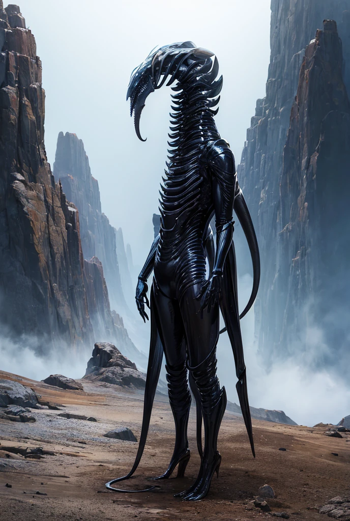 Beautiful Female Xenomorph, photorealistic style, creature, sci-fi, dark, sleek texture, shiny exoskeleton, biomechanical design, elongated head, elongated jaw, sharp teeth, piercing black eyes, slender body, biomechanical tail, translucent membrane, eerie atmosphere, lush alien landscape, vibrant flora, mysterious rock formations, atmospheric lighting, cascading waterfalls, ethereal mist, distant alien sky, captivating celestial bodies