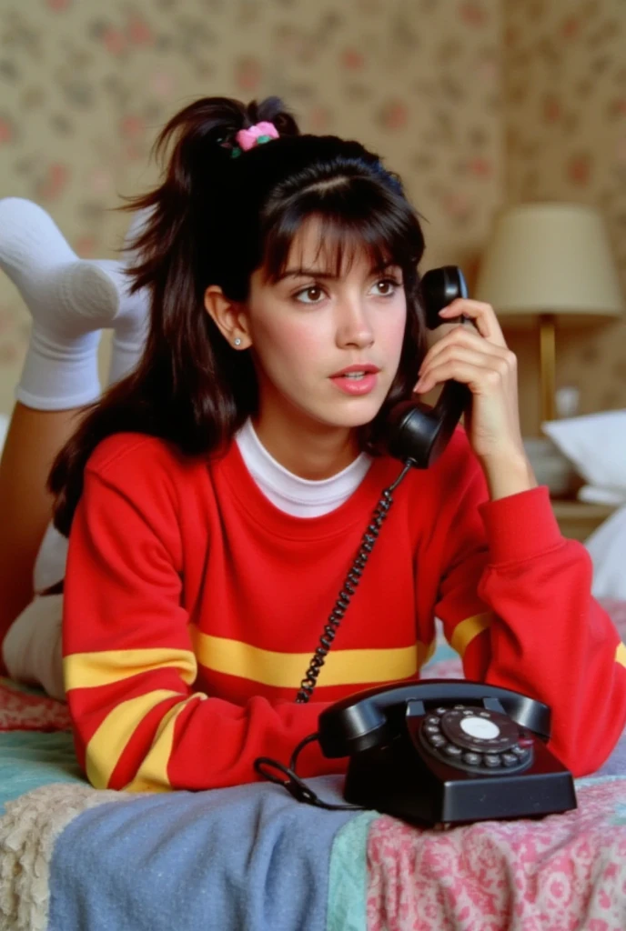 This is a photograph depicting a young woman named phoebe in a nostalgic, retro setting. She is lying on her stomach on a bed, propped up on her elbows, and appears to be in a state of contemplation or surprise. She has a light olive complexion, and her dark hair is styled in a voluminous, slightly messy ponytail. Her facial expression is serious, with her eyes wide and mouth slightly open. She is wearing a red sweatshirt with yellow stripes on the sleeves, a white T-shirt underneath, and white socks. Her legs are bent at the knees, with her feet crossed at the ankles and resting on the bed.

She is holding a black rotary-dial telephone to her ear, indicating she is engaged in a conversation. The background features a beige wall with a patterned, possibly floral, wallpaper, and a bedside table with a lamp that has a beige lampshade. The bedspread beneath her is a multicolored, patterned fabric with shades of blue, red, and green. The overall atmosphere of the image is warm and cozy, evoking a sense of nostalgia and familiarity. The photograph captures a moment in time, likely from the 1980s, with its retro fashion and decor.
