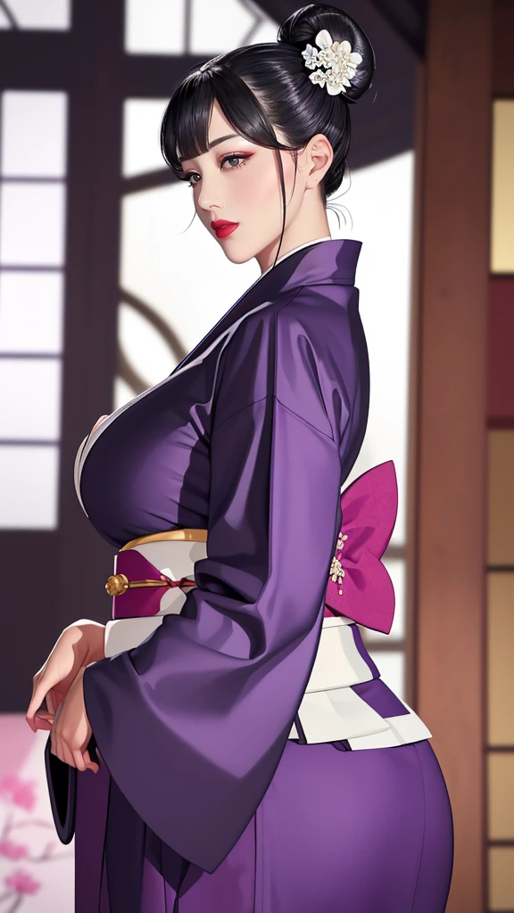 (（（figure，御姐figure,White and tender skin,（（（purple_Kimono,sash, shouji, shrine,japanese_clothes，）））,(（（black hair,Hair bun,lipstick,bangs,Black eyes,））),,((masterpiece)),highres,((Best quality at best)),masterpiece,quality,Best quality,(（（  exquisite facial features , for the audience ,））），Huge breasts，）））