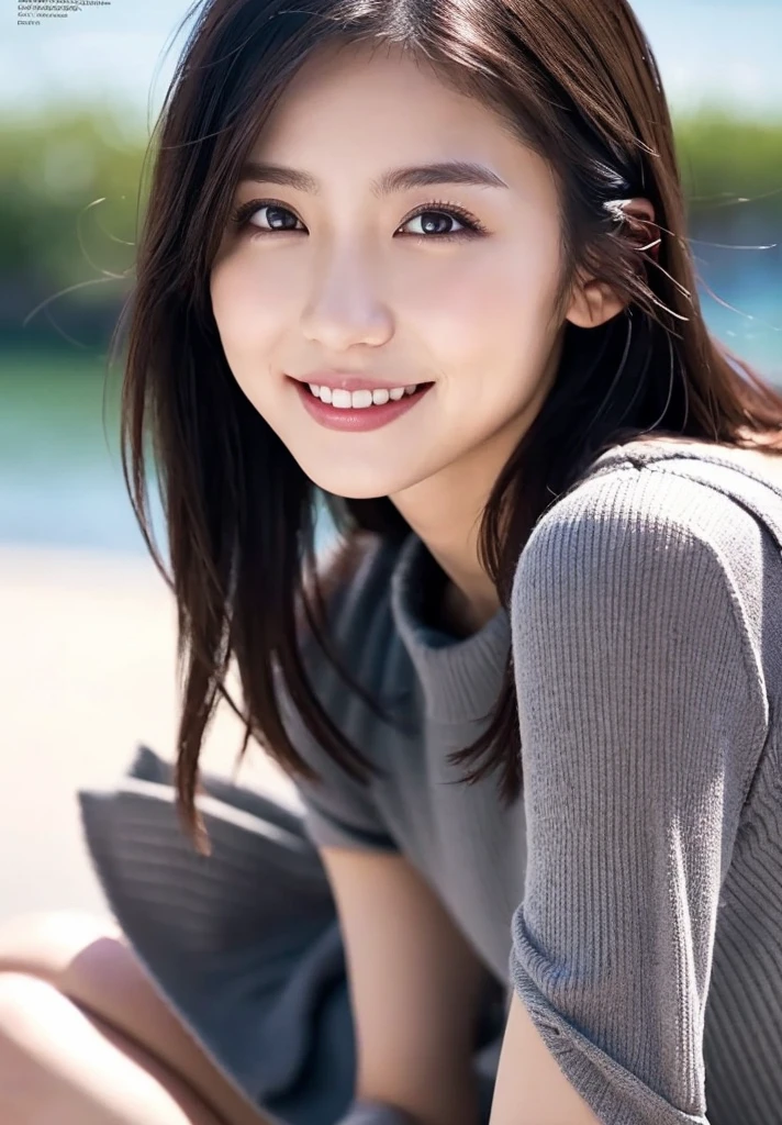 1 Girl, (Wearing a gray dress:1.2), (Supercluster), Very beautiful Japanese idol portraits, 
(RAW Photos, Highest quality), (Realistic, Realistic:1.4), (masterpiece), 
Very delicate and beautiful, Very detailed, 2k wallpaper, wonderful, finely, Very detailed CG Unity 8K wallpaper, Very detailed, High resolution, Soft Light, 
Beautiful detailed girl, Very detailed eyes and face, Beautiful and sophisticated nose, Beautiful and beautiful eyes, Cinema Lighting, 
(Fashion magazine photography:1.3), (Outdoor), (night lighting), (Waterfront), 
(Semi-long hair), 
Complete Anatomy, Slender body, Small breasts, smile