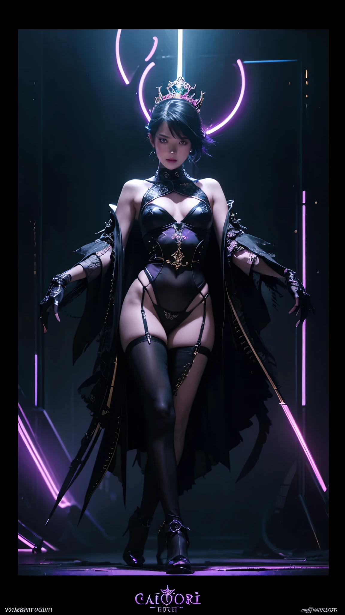( High quality , Ultra-detail, carefully with your hand )tarot card, chiaroscuro technique on sensual illustration of an queen of sword, a teenage fashion model wearing an exo-skeleton mask, vibrant colors, futuristic cyberpunk style, intricate details, cinematic lighting, dramatic pose, an elegant complex bio mechanical onyx and gold, intricate details, official art, unity 8k wallpaper, ultra detailed, beautiful and aesthetic, (in a room with black walls illuminated by violet neon lights :1.1)