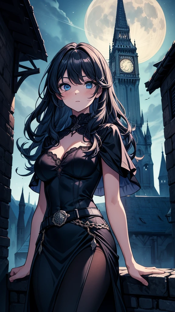 (maestropis)、(Calidad de imagen superior),Mujer vampiro sonriendo por la noche、Los colmillos son visibles、Cara limpia、、Vestimenta de la nobleza de la Edad Media、con una capa negra、FOTO DE CUERPO COMPLETO、breast size:1.2,Noche iluminada por la luna de fondo、Bats are flying