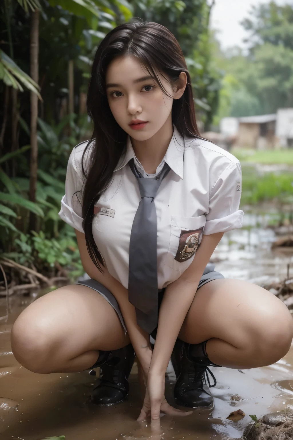 A pretty girl kneeling in the mud, in dirty school uniform white shirt, grey span skirt, tie, gloves, in dirty combat boots, covered in mud, captured by enemy forces, in the mud, Soaked, high details, UHD, textured skin, high details, UHD, anatomically correct, textured skin, high details, UHD, anatomically correct, textured skin