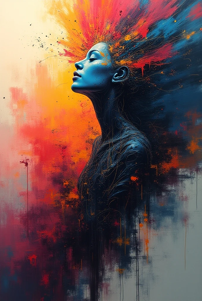 Une œuvre d'art numérique surréaliste mettant en scène une figure féminine noire nue, semi-abstraite émergeant d'un nuage tourbillonnant de couleurs vives, hibiscus, notamment des violets profonds, des rouges et des blancs doux. La figure est représentée dans une pose gracieuse avec des détails complexes sur son torse et ses cheveux flottants, se fondant parfaitement dans l'arrière-plan éthéré semblable à de la fumée qui transmet une impression de mouvement et de fluidité