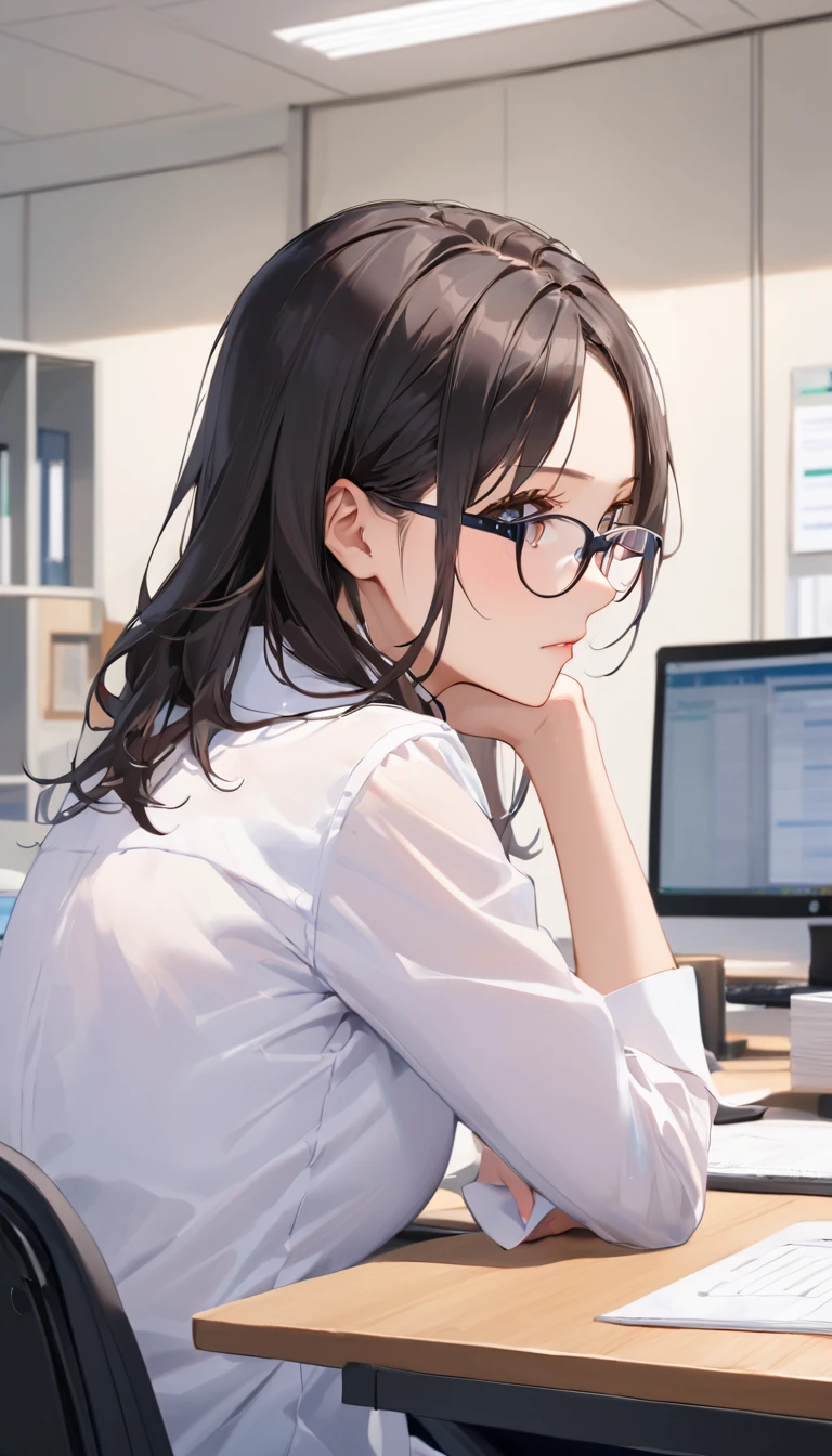 masterpiece, Wearing glasses, Black Hair, forehead, woman, Office,  sitting at a desk and concentrating on work, Rear view, 静かなOffice,  serious look, Figure devoting himself to work 