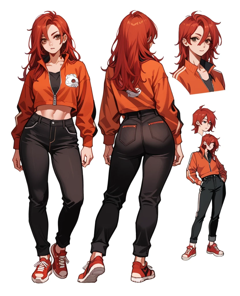  human waifu female Adult  , huge ass, oc ,red hair long ,Simple background,character sheet , concept art   ,light-skinned female  , wearing  shirt zip , jizz Black Pants   ,pose , long hair 