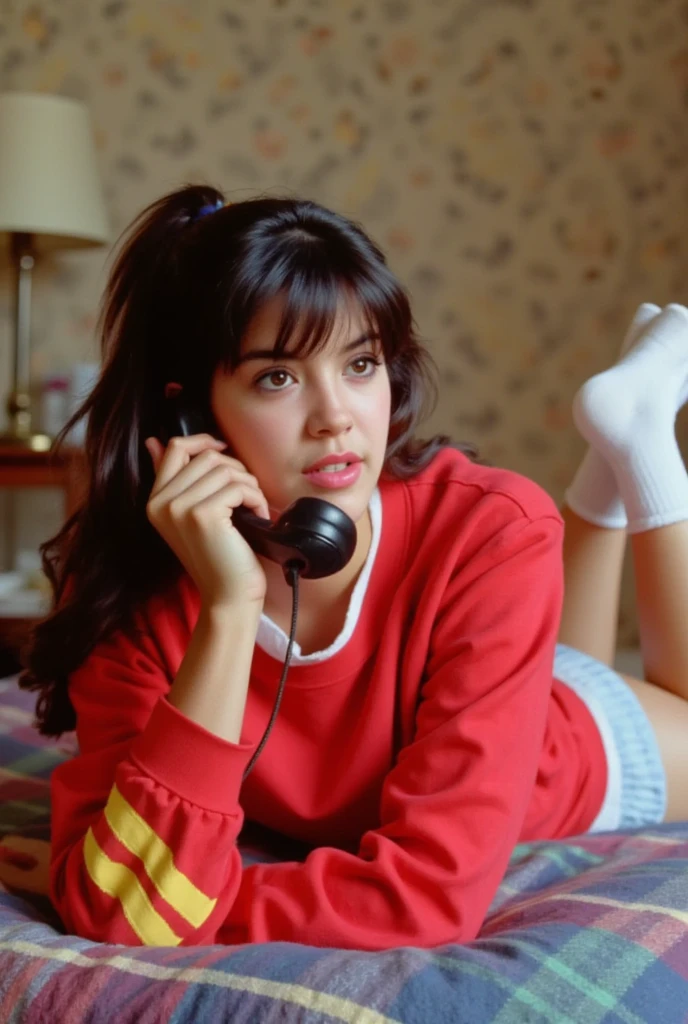 This is a photograph depicting a young woman named phoebe in a nostalgic, retro setting. She is lying on her stomach on a bed, propped up on her elbows, and appears to be in a state of contemplation or surprise. She has a light olive complexion, and her dark hair is styled in a voluminous, slightly messy ponytail. Her facial expression is serious, with her eyes wide and mouth slightly open. She is wearing a red sweatshirt with yellow stripes on the sleeves, a white T-shirt underneath, and white socks. Her legs are bent at the knees, with her feet crossed at the ankles and resting on the bed.

She is holding a black rotary-dial telephone to her ear, indicating she is engaged in a conversation. The background features a beige wall with a patterned, possibly floral, wallpaper, and a bedside table with a lamp that has a beige lampshade. The bedspread beneath her is a multicolored, patterned fabric with shades of blue, red, and green. The overall atmosphere of the image is warm and cozy, evoking a sense of nostalgia and familiarity. The photograph captures a moment in time, likely from the 1980s, with its retro fashion and decor.
