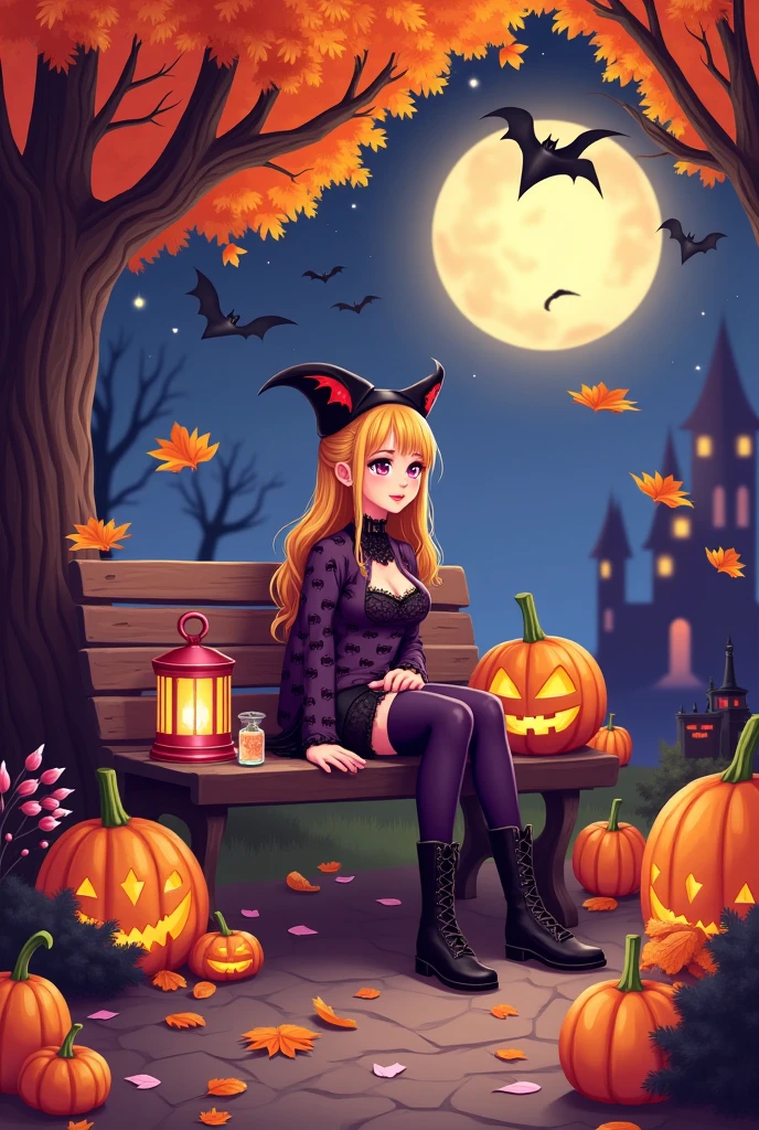 illustration，style，Single，solo，一个女人sit在长凳上旁边的pumpkinTree和一个Full Moon的背景与bat，autumn，autumn的叶子，光秃秃的Tree，basket，pumpkin，bat，bat发饰，bat打印，bat Wings ，Black footwear，boots，Candle，candy，sugar cane，candy包装纸，cloak，castle，Charmander，coffin，biscuit，clothing，new moon，cross，Devil Horns，Devil&#39;s Tail，恶魔 Wings ，Emoticons，假 Wings ，food， food-themed hair stool ，Full Moon，ghost，ghostclothing，grave，Cemetery，Halloween，Halloween桶，Halloweenclothing，Halloween快乐，hat，头 Wings ，拿着lantern， holding a magic wand ，jack-o '-lantern，knee，lantern，Lollipop，manjuu \(azur lane \)，迷你hat，迷你女巫hat，moon，night， orange necklace ， orange legwear ，Orange nails， orange ribbon ，Orange Skirt， orange sky ，纸lantern，Triangle flag ，pumpkin，pumpkin发饰，pumpkinhat， purple sky ，红色的moon，sickle，silk，sit，skeleton，skull，，net，net印花，漩涡Lollipop，tombstone，Tree，Monkey，vampire，vampireclothing，vegetable，Werewolf， Wings ，女巫hat
