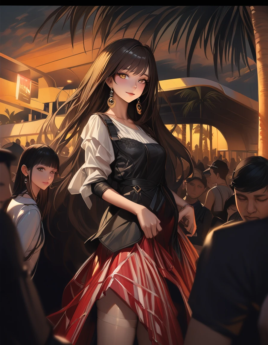 A beautiful young woman with detailed eyes, long eyelashes, and a sexy evocative smile stands on a beach, wearing a white shirt, pantyhose, and earrings. She has shiny skin, a slight blush, and skin indentation. The scene includes palm trees and a crowd in the background. The image is a realistic, high-quality masterpiece, with perfect facial features, sharp focus, and trending on ArtStation and CGSociety.