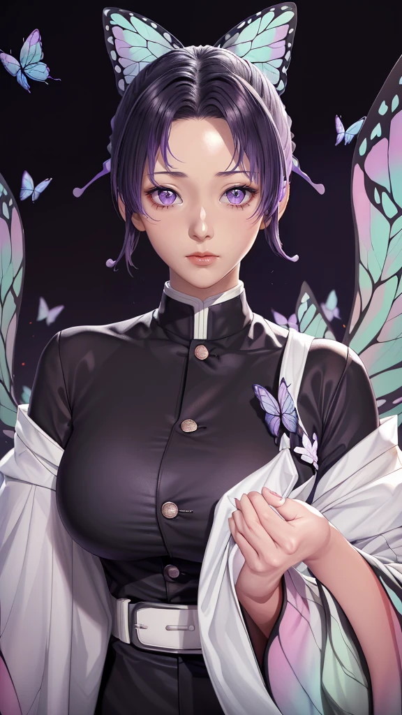 (（（figure，御姐figure,White and tender skin,（（haori, wide sleeves, long sleeves, black pants, black jacket, belt，）））,(（（kochou shinobu, butterfly hair ornament, purple eyes, multicolored hair, short hair, parted bangs, ））),,((masterpiece)),highres,((Best quality at best)),masterpiece,quality,Best quality,(（（  exquisite facial features , for the audience ,））），Huge breasts，）））