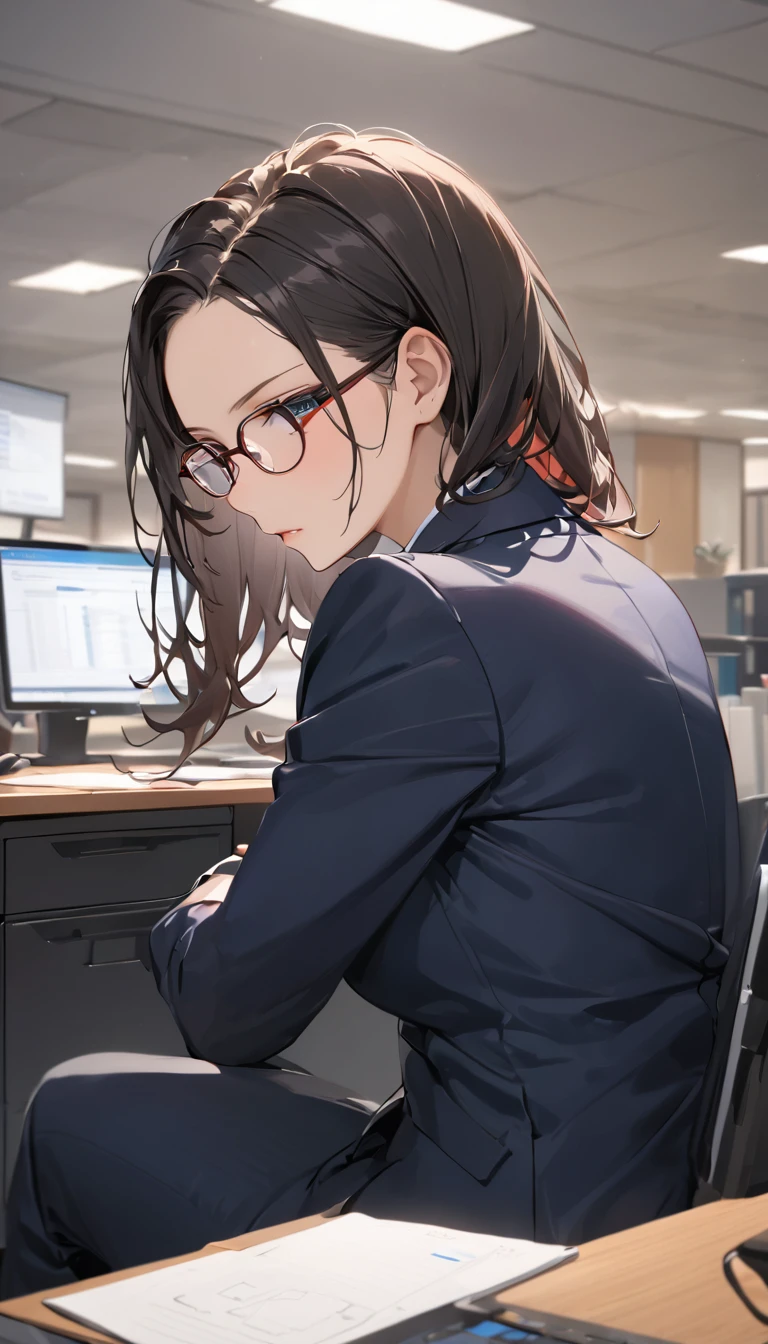 masterpiece, Wearing glasses, Black Hair, forehead, woman, Office,  sitting at a desk and concentrating on work, Rear view, 静かなOffice,  serious look, Figure devoting himself to work 
