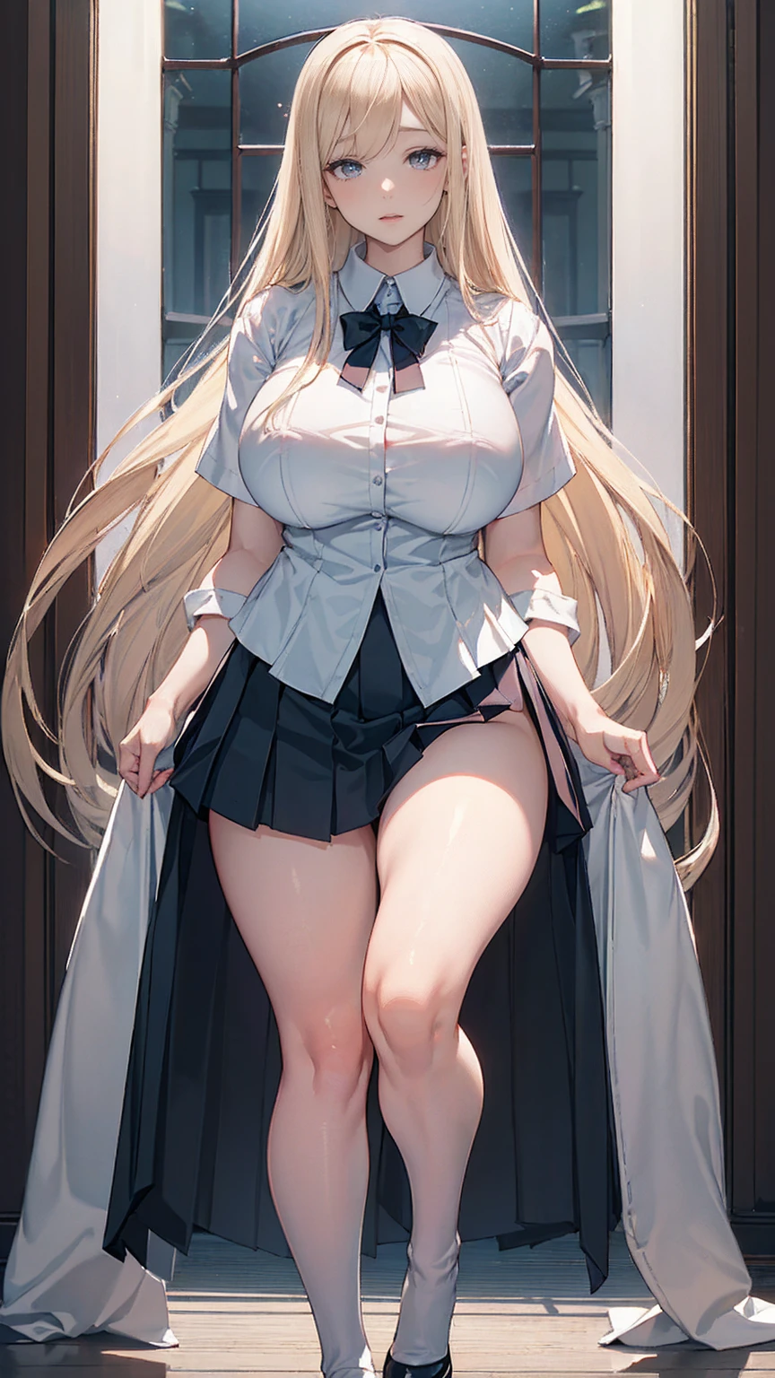  1 girl, nsfw, masterpiece,  best quality, slender girl with Hourglass-shaped body and  Big Breasts, Alone, , cute,  digital blending {x} shy girl, (( girls wear school uniforms ,  short pleated skirt , White blouse, South Koreaの学生服)), sexy,  girls showing attractive breasts , (( Platinum Blonde Hair , Long Hair)), Pink Eyes, Detailed eyes,  beautiful eyes, Delicate eyes, ((Hourglass-shaped body, sexy body)),  correct anatomy , Correct limbs, (( Big Breasts, Large Breasts)), Juicy lips, Plump lips, [ detailed background (South Koreaの学校, South Koreaの高校, Seoul, South Korea)]