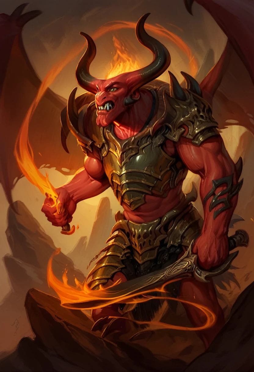 (balor, wings, solo, horns, fire, armor, demon, weapon, no humans, red skin) on a rocky beach