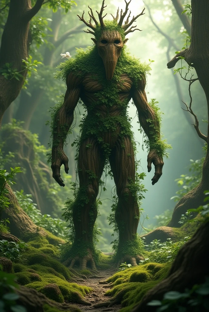 Bioengineered tree-human hybrid,looking at viewer,entwined branches for hair,bark skin,foliage sprouting from body,standing in an overgrown ruins,with moss and vines,ultra realistic,high resolution,depth of field,aesthetic,product introduction photo,