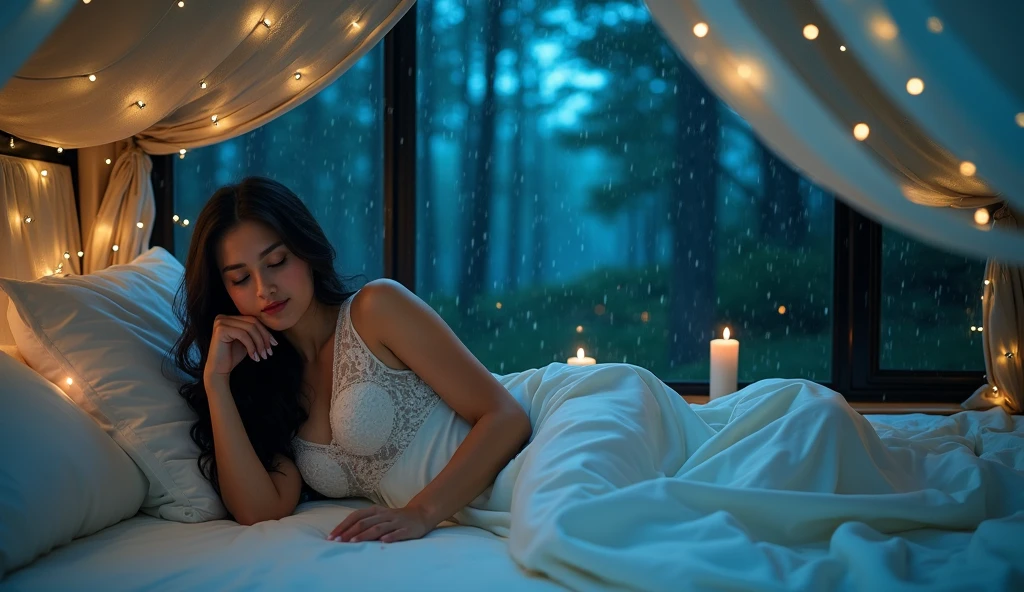 A large bed with an airy white canopy. There is a window behind the bed, it's night. White airy curtains hang on the window. Next to the bed is a chest of drawers, There are numerous candles on the dresser. All candles are lit and give off a beautiful atmospheric light. A beautiful woman with long dark curly hair lies on the bed. she lies on her back. She lies with her head at the foot end. Her head hangs a little over the foot end. She looks in my direction